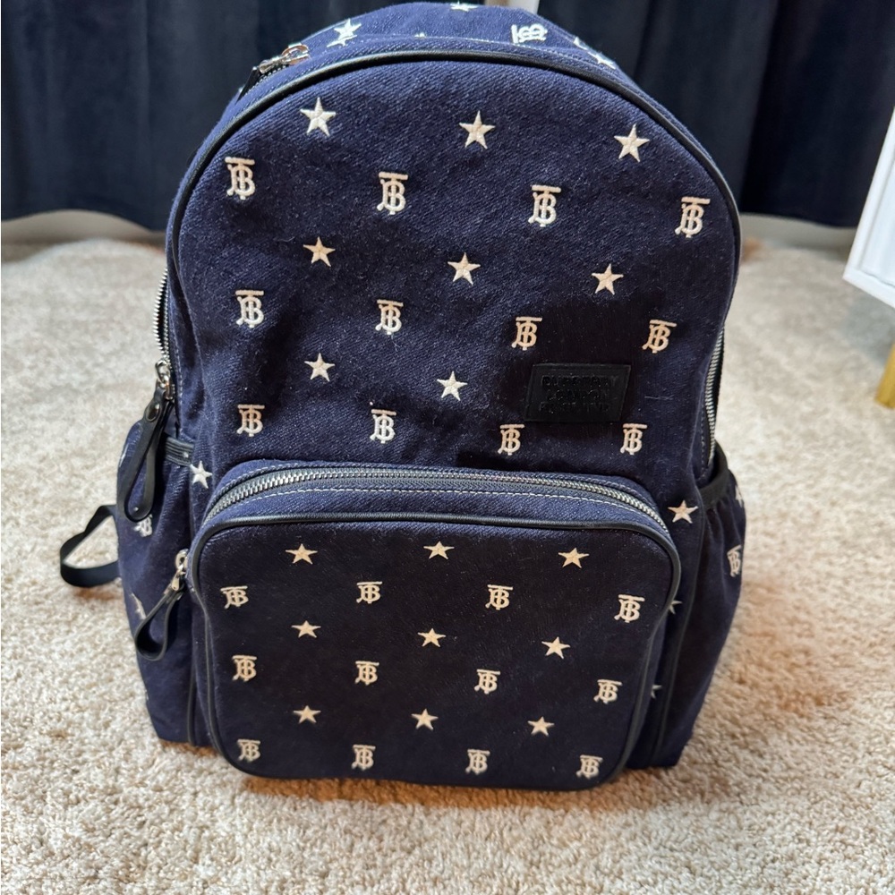 Authentic New Jean Burberry Dark Blue Backpack with White Accents